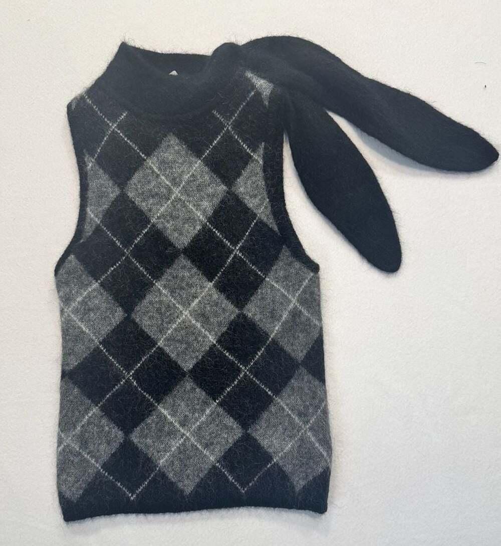 H&M Edition Mohair-Blend Argyle Sweater Vest with Scarf Detail NWT black gray XS